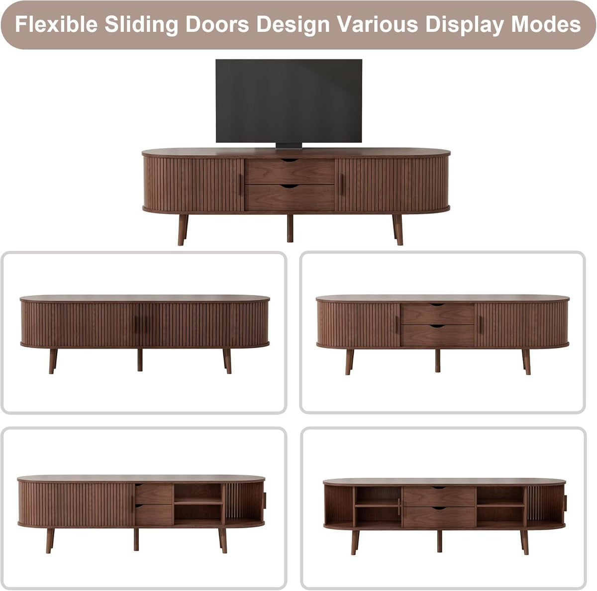55" Mid Century TV Stand, Fluted TV Stand Fits 32" to 60" TVs. Wood Entertainment Center for Living