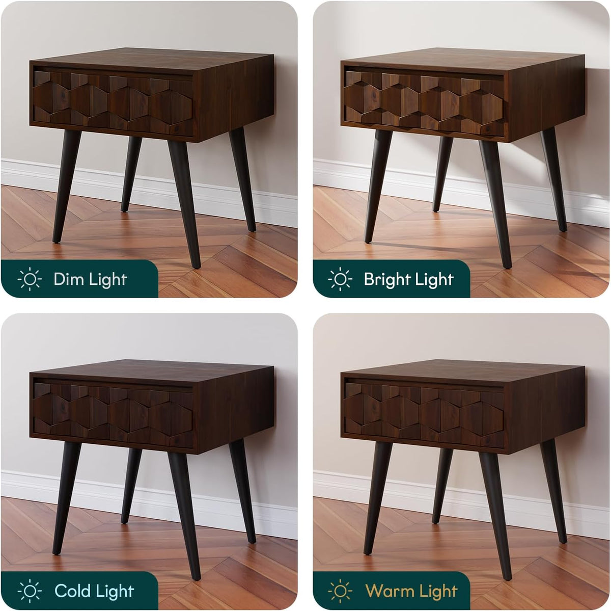 Bme Georgina Solid Wood Nightstands with Drawers - Fully Assembled Rustic Geometric Pattern Bedside