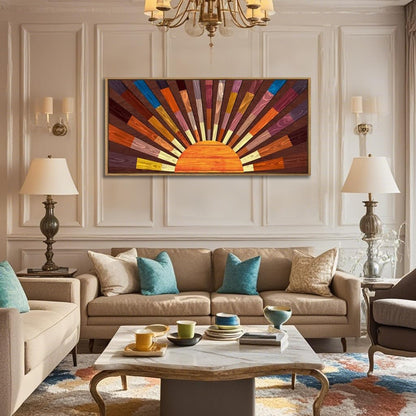 IARTTOP Extra Large Boho Sun Wood Wall Art for Living Room Wooden 3D Framed Abstract Sun Rising on