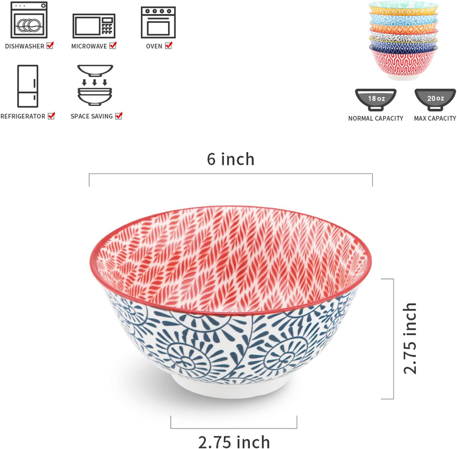 Selamica Porcelain 20oz Cereal Bowl Set - Set of 6, 6 inch Soup Bowls, Ceramic bowls for Cereal