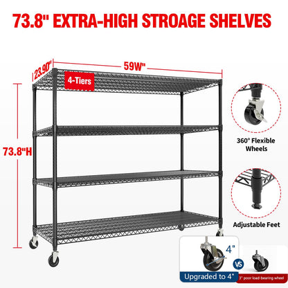 PeacefulHues 73.8" H Storage Shelves 4-Tiers Heavy Duty Shelving Unit with Wheels, 2640LBS Garage
