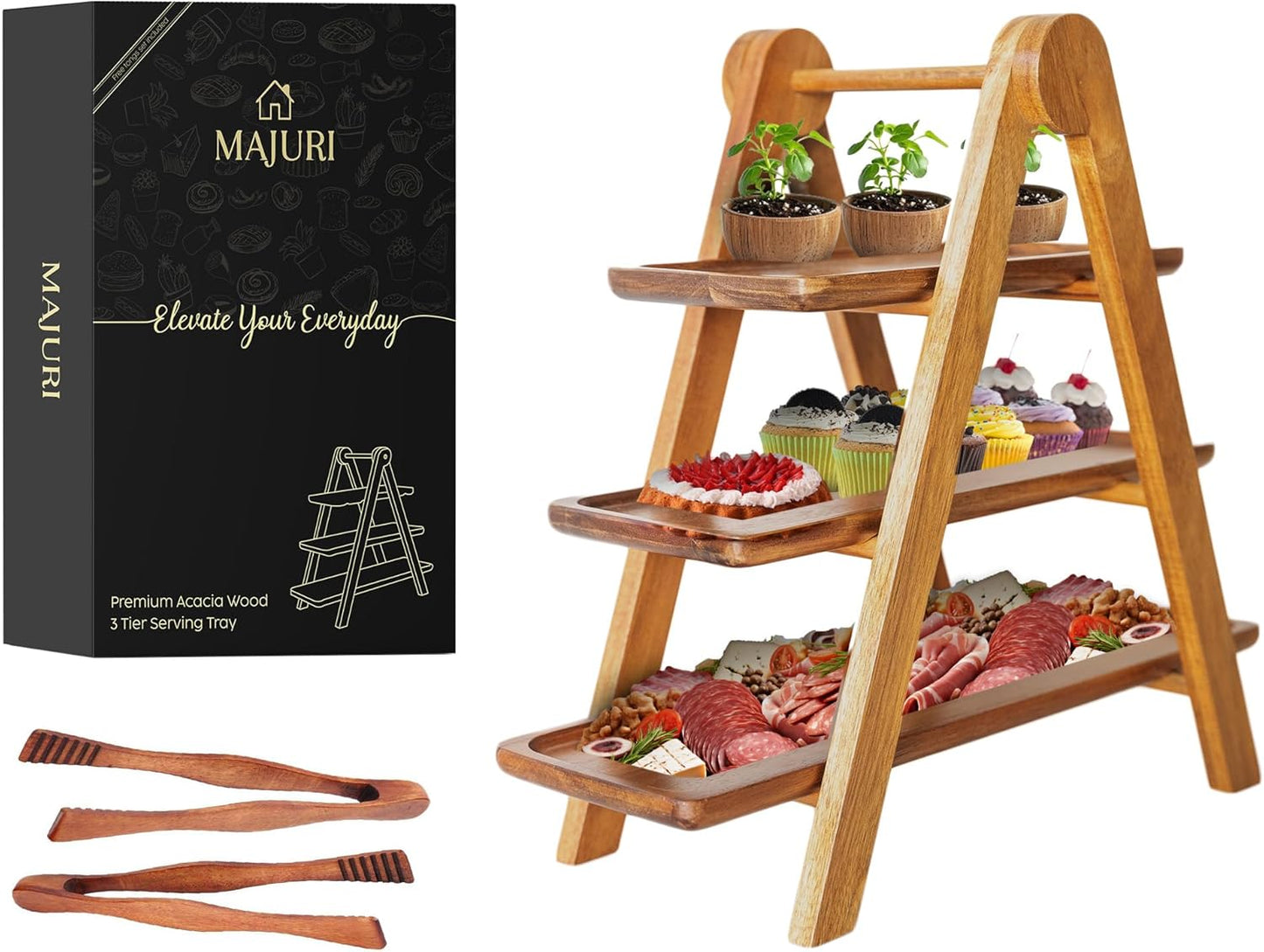MAJURI 3 Tier Wooden Serving Tray, Set of 2 Tongs Free, Tiered Serving Trays & Platters for Party
