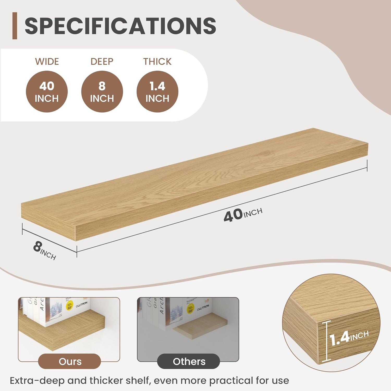 40 Inch Floating Shelves, 8 Inch Deep Floating Shelves for Wall, Hanging Shelf with Invisible