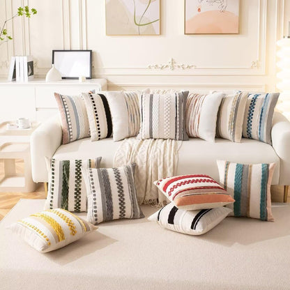 Boho Throw Pillow Covers 18x18 Set of 2 Farmhouse Decorative Cushion Case Striped Square Pillows
