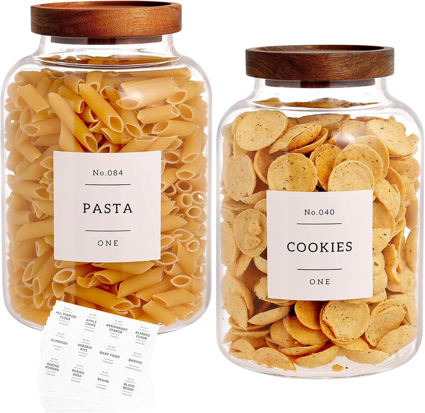 Set Of 2 Large Glass Jar with Wooden Lid with 132 Labels, Glass Storage Jars for Flour Pasta Candy