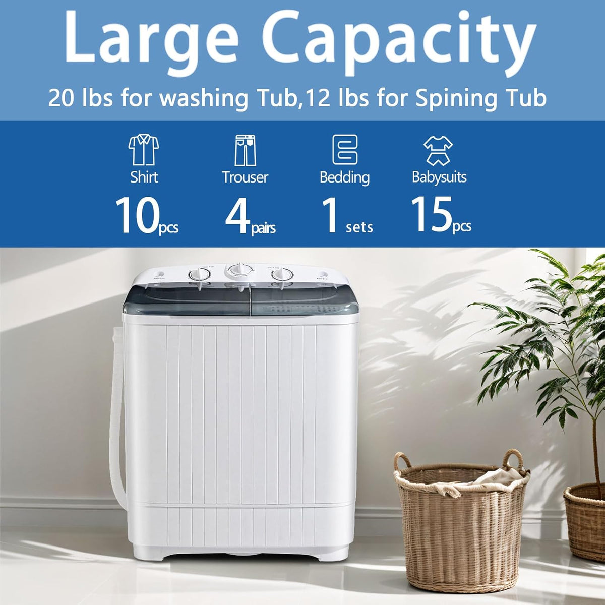 Portable Mini Twin Tub 32lbs Washing Machine With Drying Rack& 10 Hangers, 20lbs Washer & 12lbs