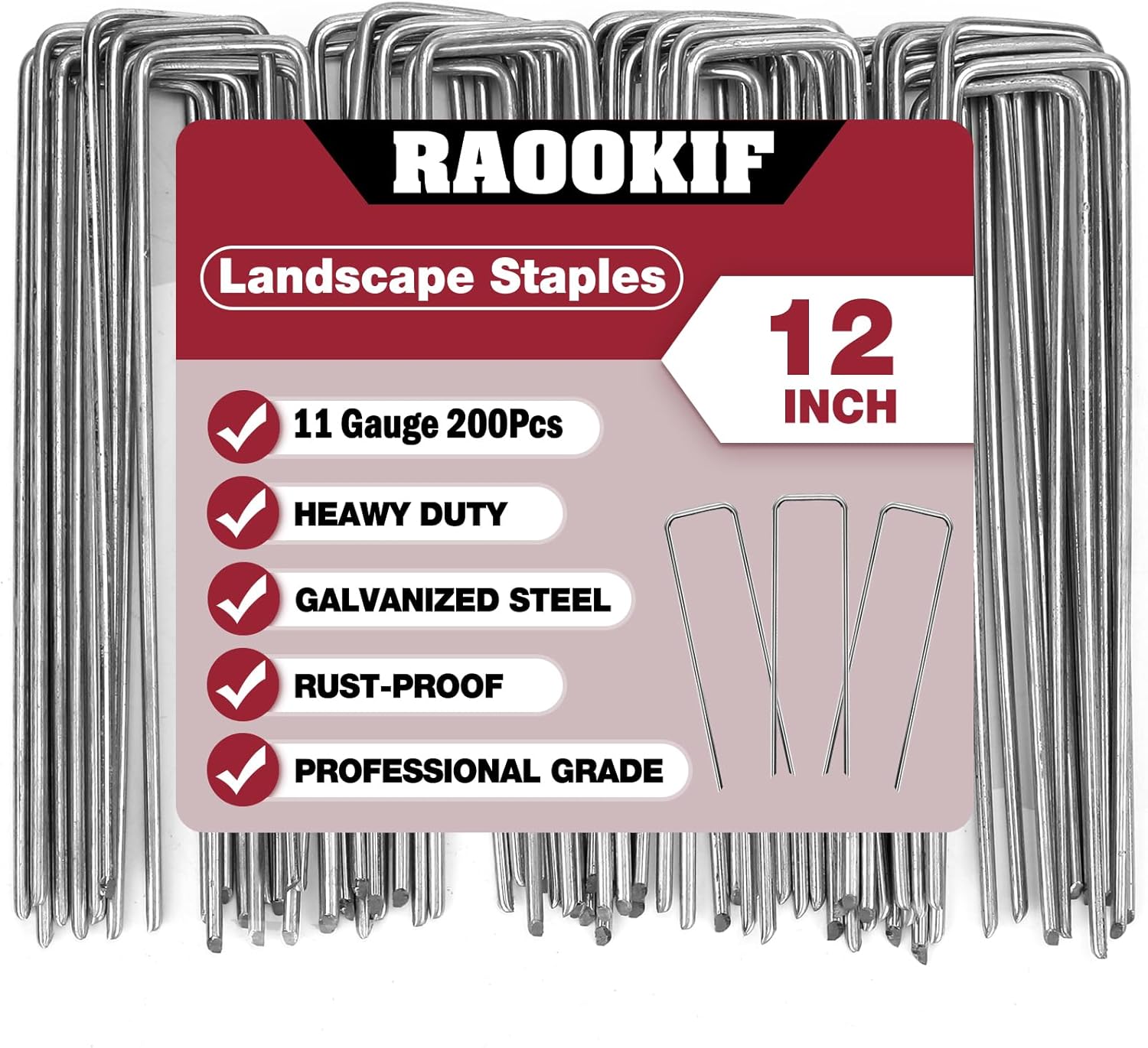 RAOOKIF 12 Inch Galvanized Garden Landscape Staples Stakes, 200Pcs Garden Metal Stakes, 11 Gauge