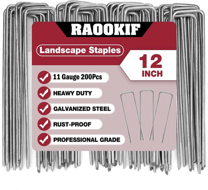 RAOOKIF 12 Inch Galvanized Garden Landscape Staples Stakes, 200Pcs Garden Metal Stakes, 11 Gauge