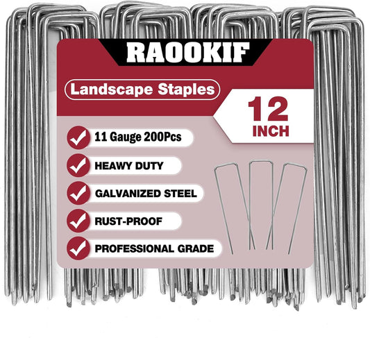 RAOOKIF 12 Inch Galvanized Garden Landscape Staples Stakes, 200Pcs Garden Metal Stakes, 11 Gauge