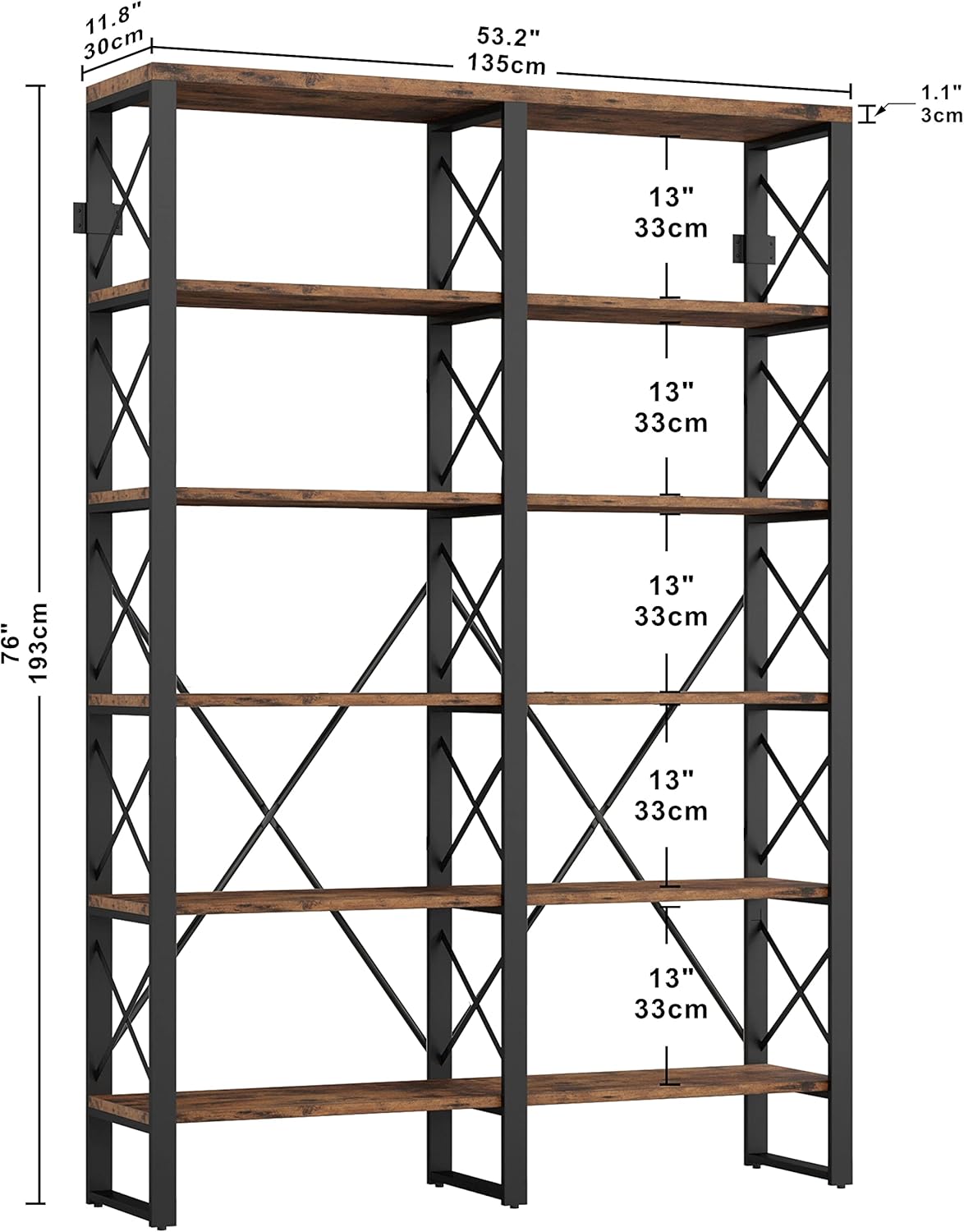 IRONCK Bookshelf Double Wide 6-Tier 76" H, Open Large Bookcase, Industrial Style Shelves, Wood and