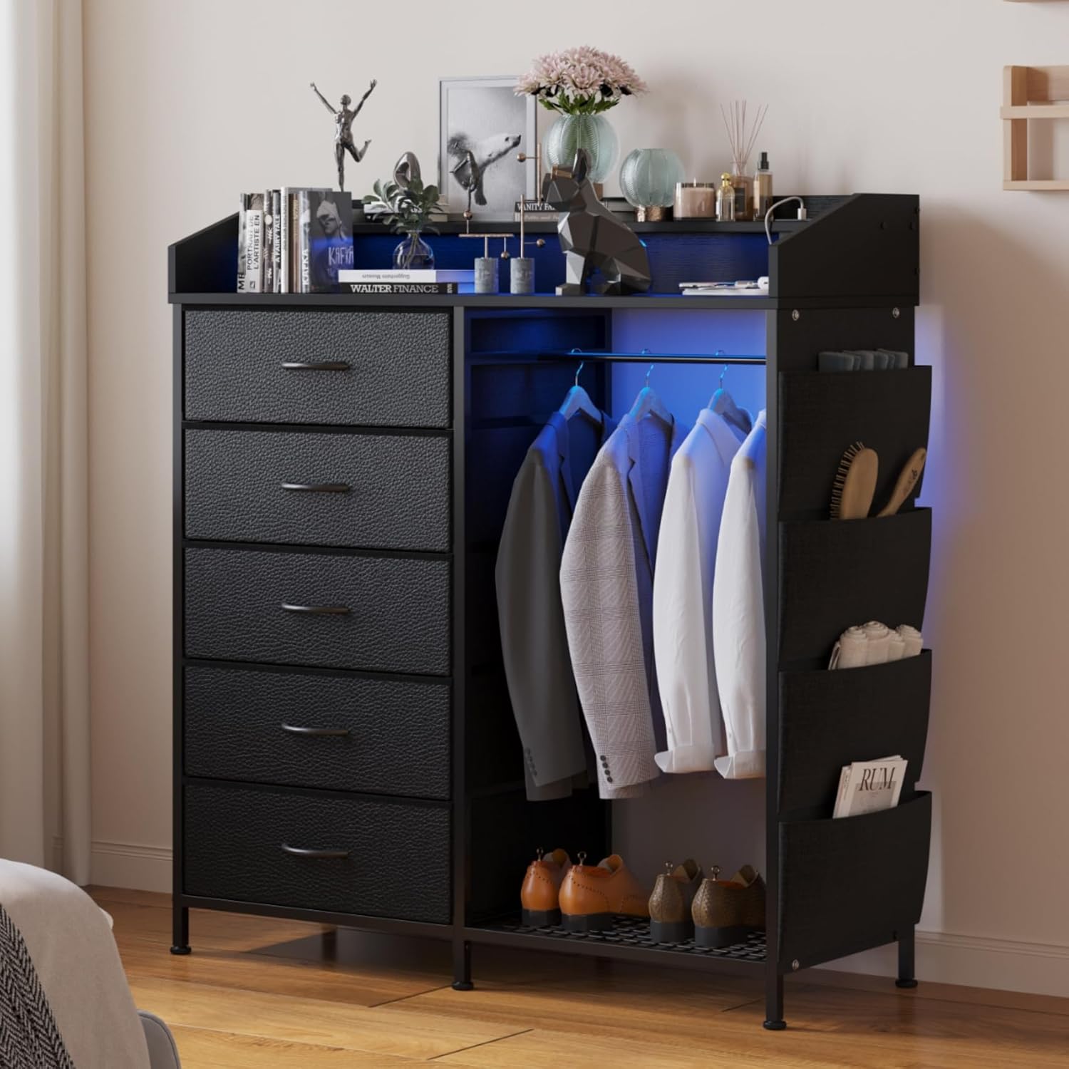 LUMTOK 2-in-1 Dresser with Hanging Racks,5 Fabric Drawers Dressers with LED Lights, Charging