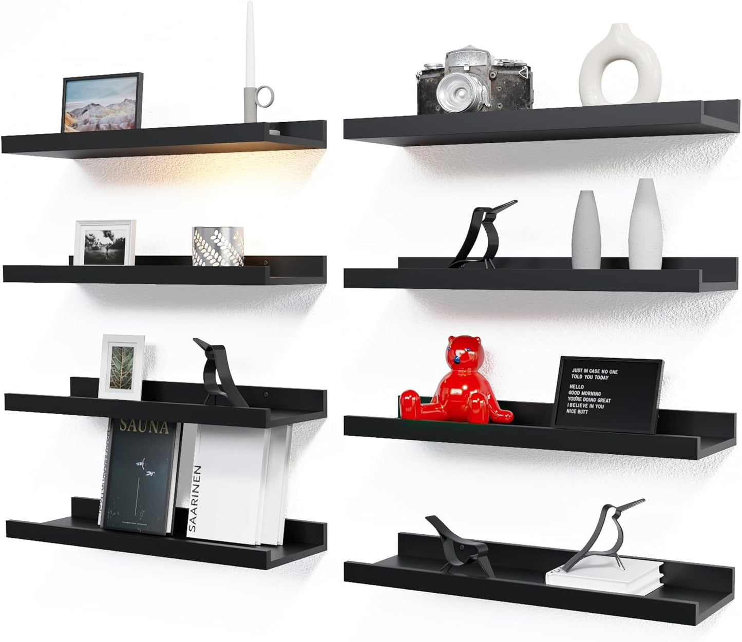 RICHER HOUSE Floating Wall Mounted Shelves, 8pc Set with Lip - Black Nursery Book Shelves for