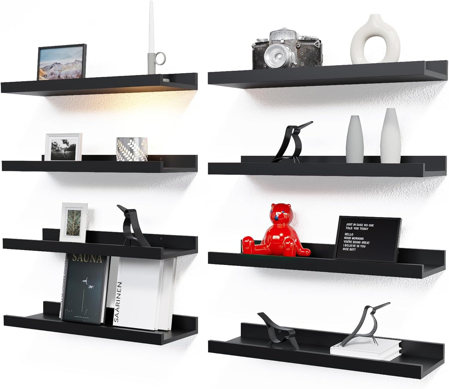 RICHER HOUSE Floating Wall Mounted Shelves, 8pc Set with Lip - Black Nursery Book Shelves for