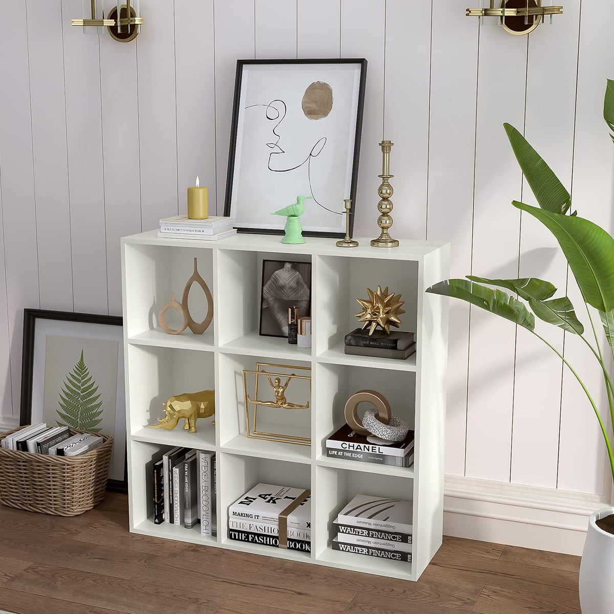 9-Cube Storage Shelf Bookcase - Wooden 3-Tier Floor Standing Open Bookshelf for Home and Office