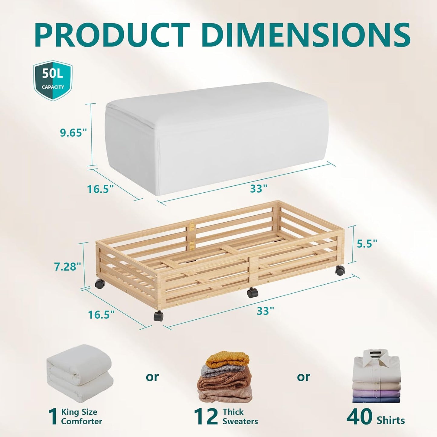 Bamboo Under Bed Storage Containers- Underbed Organizer with Wheels with Large Dust Bag,Sturdy Wood