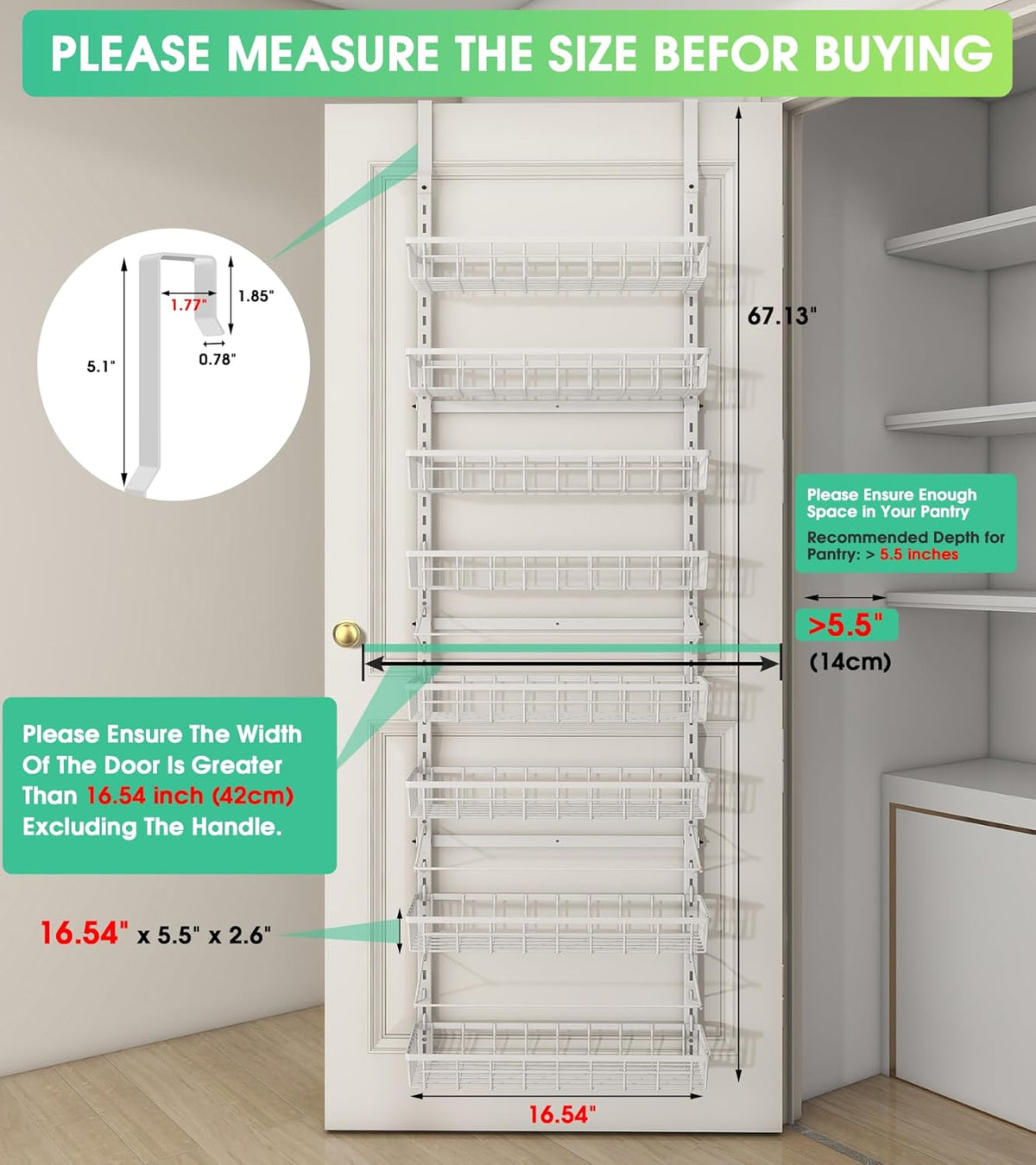 Over The Door Pantry Organizer, Wall Mount Spice Rack, Pantry Hanging Storage and Organization, 8