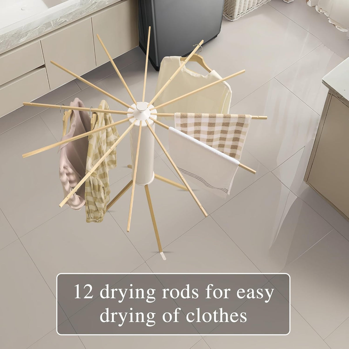 LEQ Drying Rack Portable,Foldable Drying Rack Clothing with 12 Wood Drying Arms, Standing Laundry
