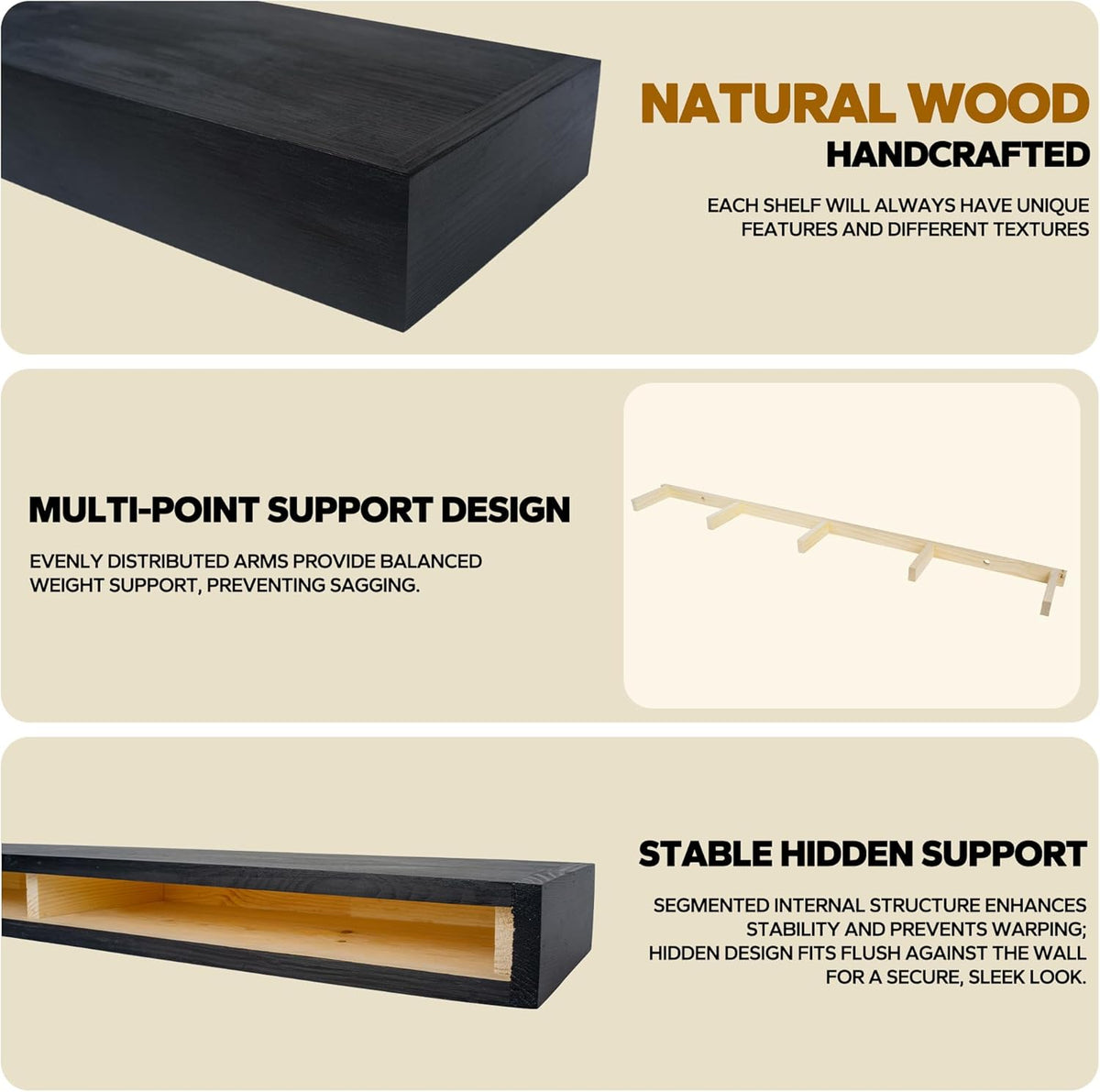 Floating Shelves 3 inch Thick for Wall Set of 2,Solid Pine Wood Wall Mount Shelf for Kitchen Living