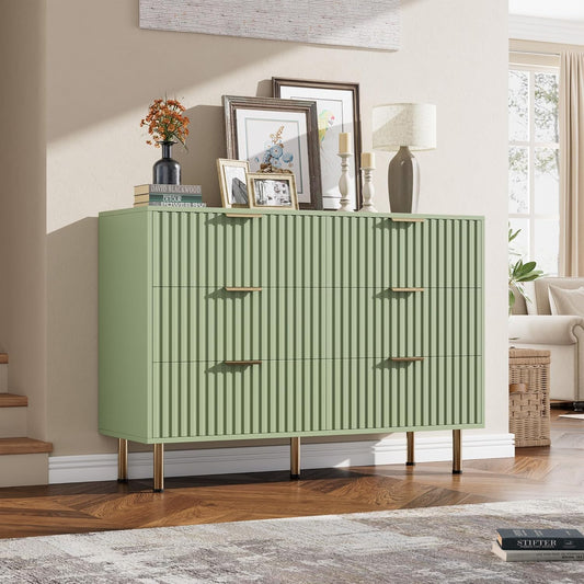 Green 6 Drawer Dresser for Bedroom, Fluted 47.2" Wide Modern Chest of Drawers with Deep Drawers