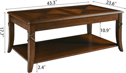 Solid Wood Coffee Table with Storage Shelf, Mid-Century Living Room Tables with Carved Tabletop and