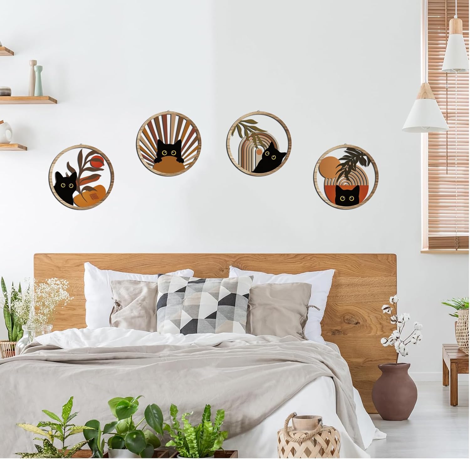 RETRART Boho Black Cat Wall Art Black Cat Room Decor Aesthetic, 4-Piece Farmhouse Geometric Wooden
