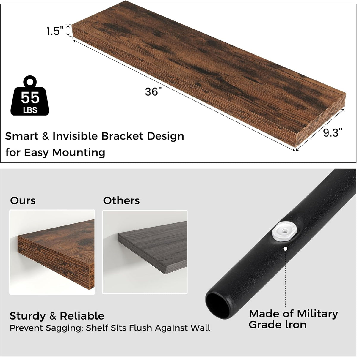 Floating Shelves - 2 Large Wall Mounted Shelves with Invisible Brackets, Long Wood Floating Wall