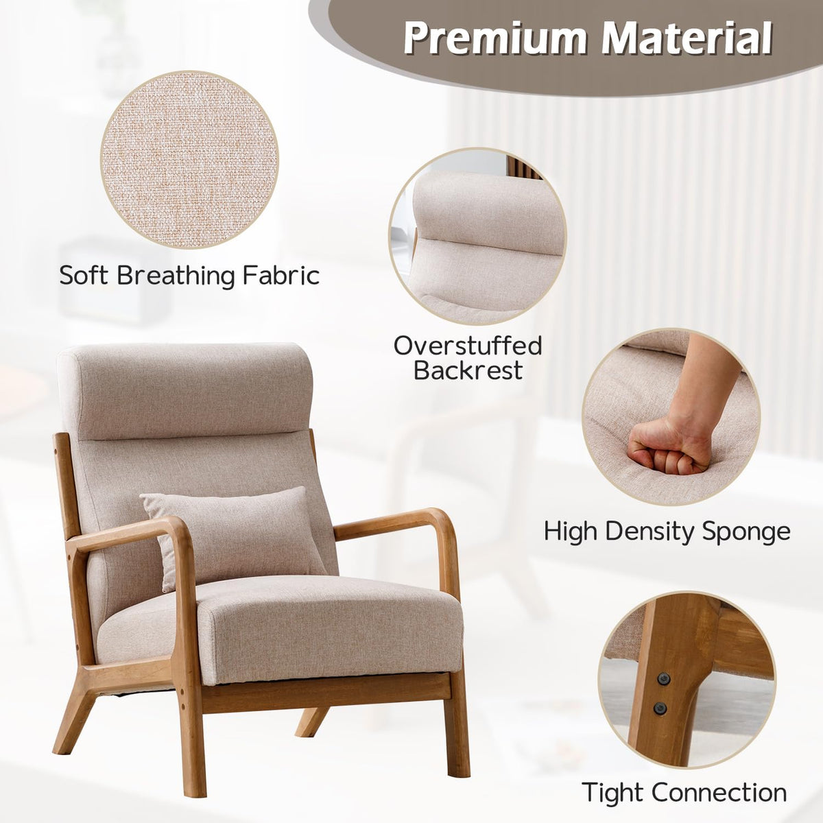 INZOY Mid Century Modern Accent Chair with High Back, Upholstered Living Room Chairs with Waist