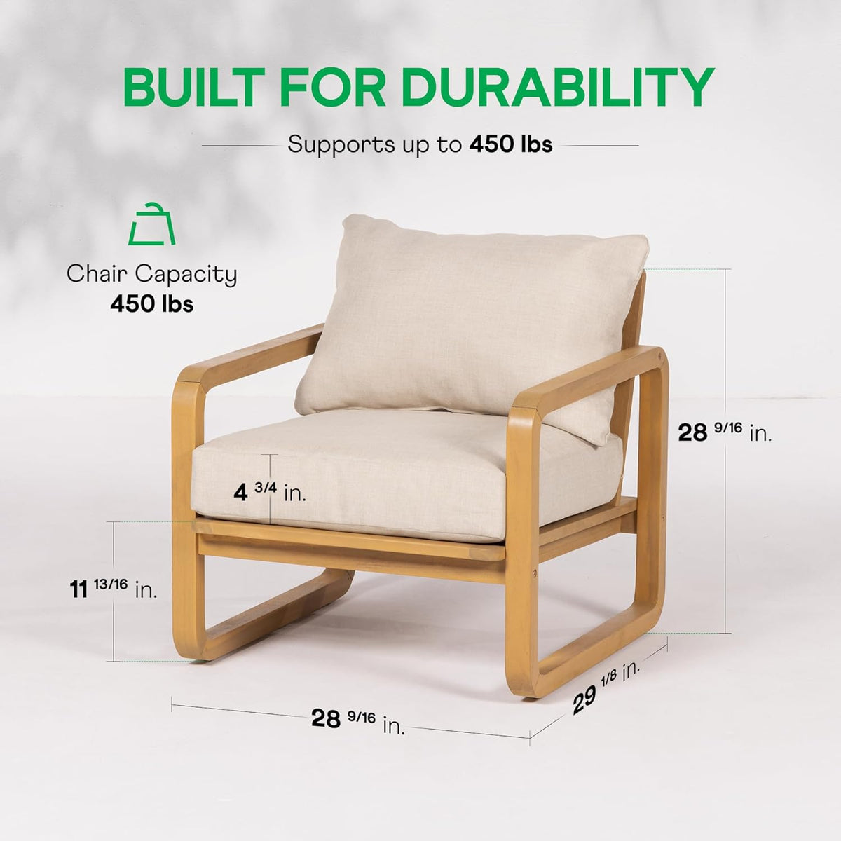 Idzo Ivy Wood Club Chair Set of 2 – Beige Fabric, Outdoor Wooden Armchair Seating with Cushions for