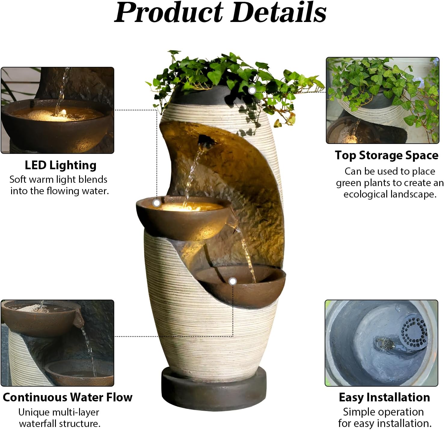 27.95''H Outdoor Garden Water Fountain, 2-Tier Bowl Shaped Floor - Standing Waterfall Fountain
