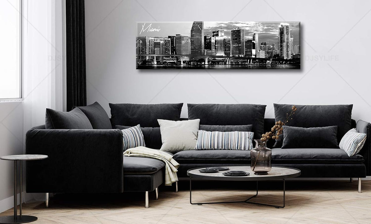 DJSYLIFE Miami Skyline Wall Art Decor Panoramic Cityscape Picture Modern USA City Night View Canvas