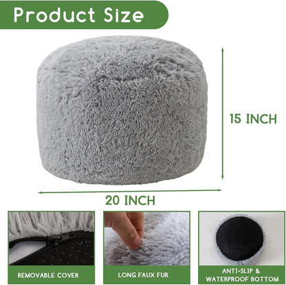HIGOGOGO Round Stuffed Pouf Ottoman, Long Faux Fur Poufs with Foam Chunk Filling, Fluffy and Furry