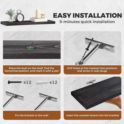 Floating Wall Shelves 3-Pack - 24-Inch Rustic Black Wooden Shelves for Storage and Décor, Easy