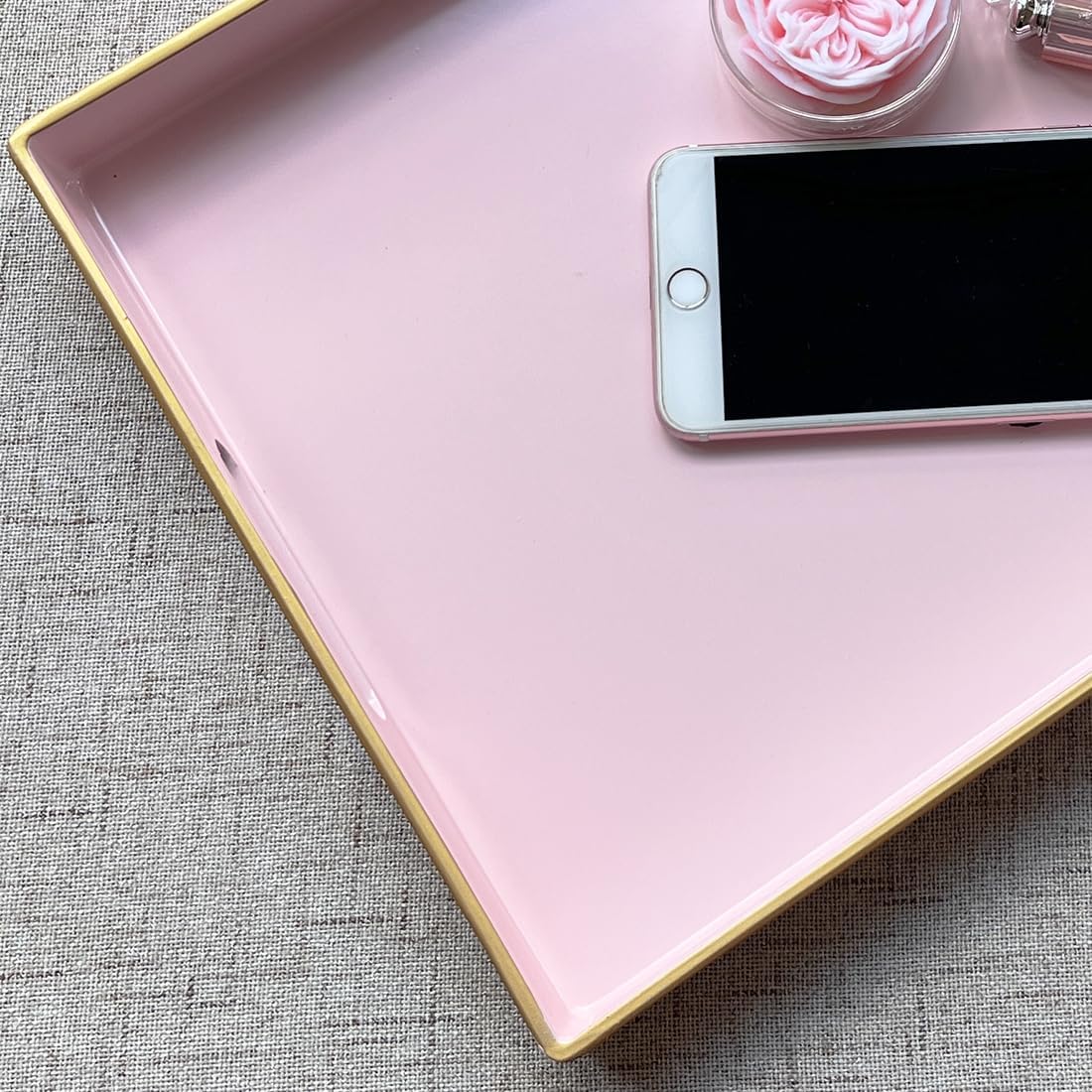 Large Pink Rectangular Decorative Tray – Plastic Serving Tray with Handles for Coffee Table