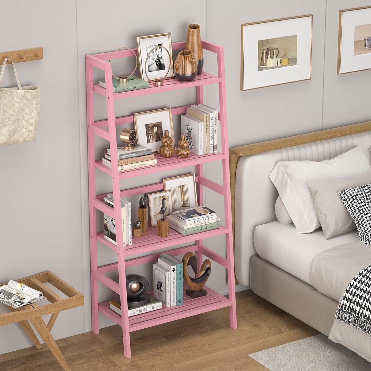 Homykic Bamboo Ladder Bookshelf, 4-Tier Ladder Shelf Open Book Shelf Freestanding Bookcase Bathroom