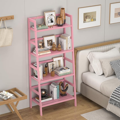 Homykic Bamboo Ladder Bookshelf, 4-Tier Ladder Shelf Open Book Shelf Freestanding Bookcase Bathroom