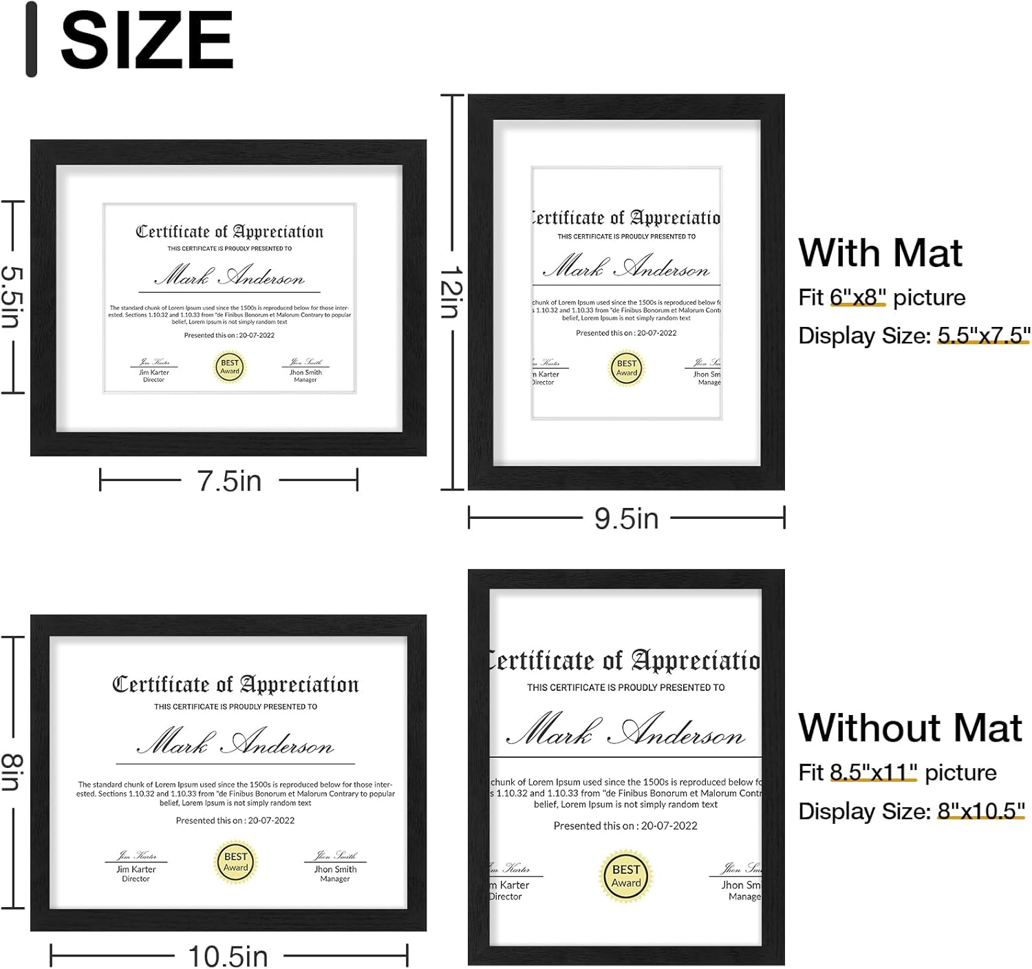 Vittanly 8.5x11 Picture Frames Set of 9, Shatter Resistant Plexiglass, Display 6x8 Pictures with