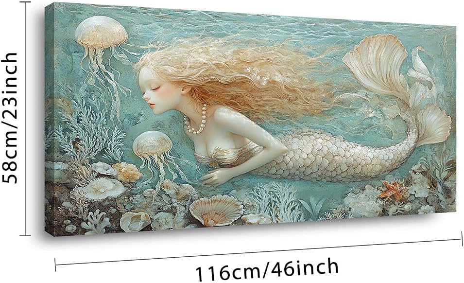 LASMOND Ocean Mermaid Wall Art for Girls Room Modern Canvas Prints Marine Organism Underwater World