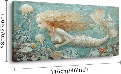 LASMOND Ocean Mermaid Wall Art for Girls Room Modern Canvas Prints Marine Organism Underwater World