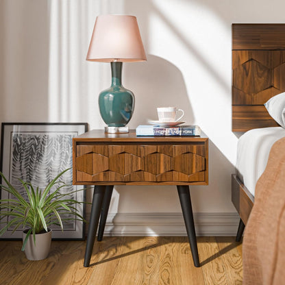 Bme Georgina Solid Wood Nightstands with Drawers - Fully Assembled Rustic Geometric Pattern Bedside