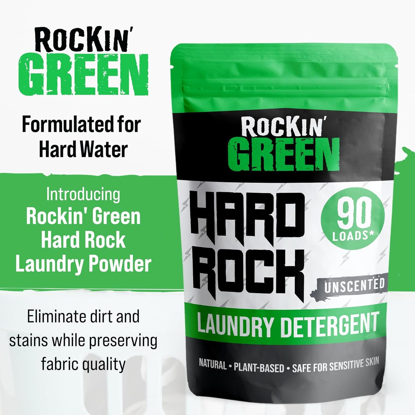 Rockin' Green Hard Rock Laundry Detergent for Hard Water (90 Loads), Plant based, Natural Laundry