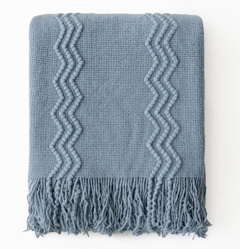 MIULEE Dusty Blue Cozy Knitted Throw Blanket for Couch Textured Knit Blanket with Tassels Woven