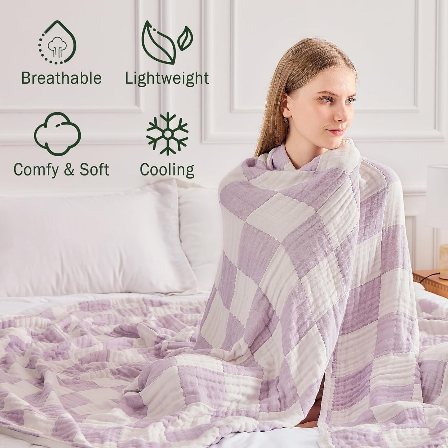 EMME Checkered Throw Blanket Cotton for Couch Soft Muslin Blankets 50"x60" Lightweight Breathable