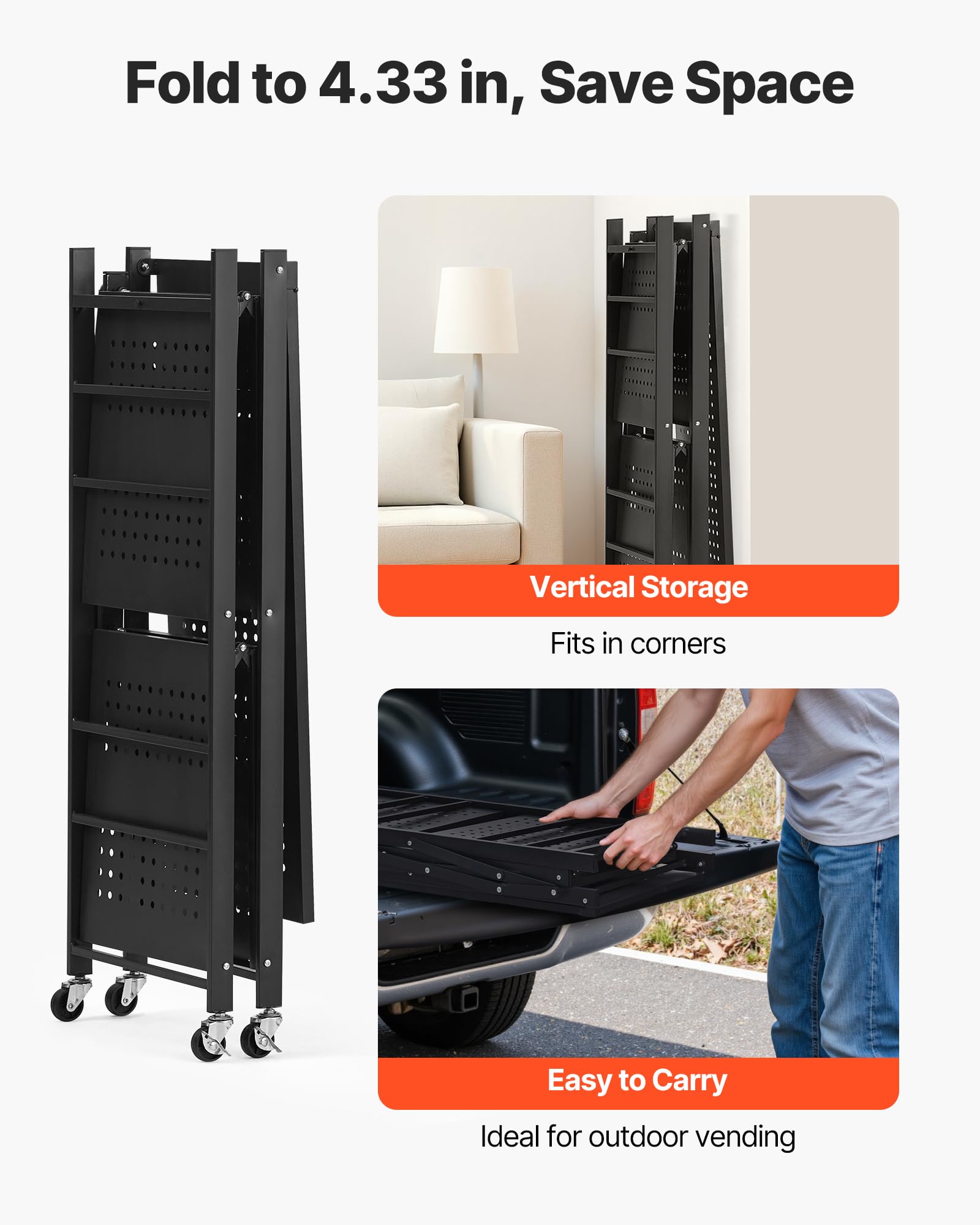 VEVOR 3-Tier Foldable Storage Shelf, 30W x 13D x 36H Inch Folding Metal Rack Shelving Unit, No