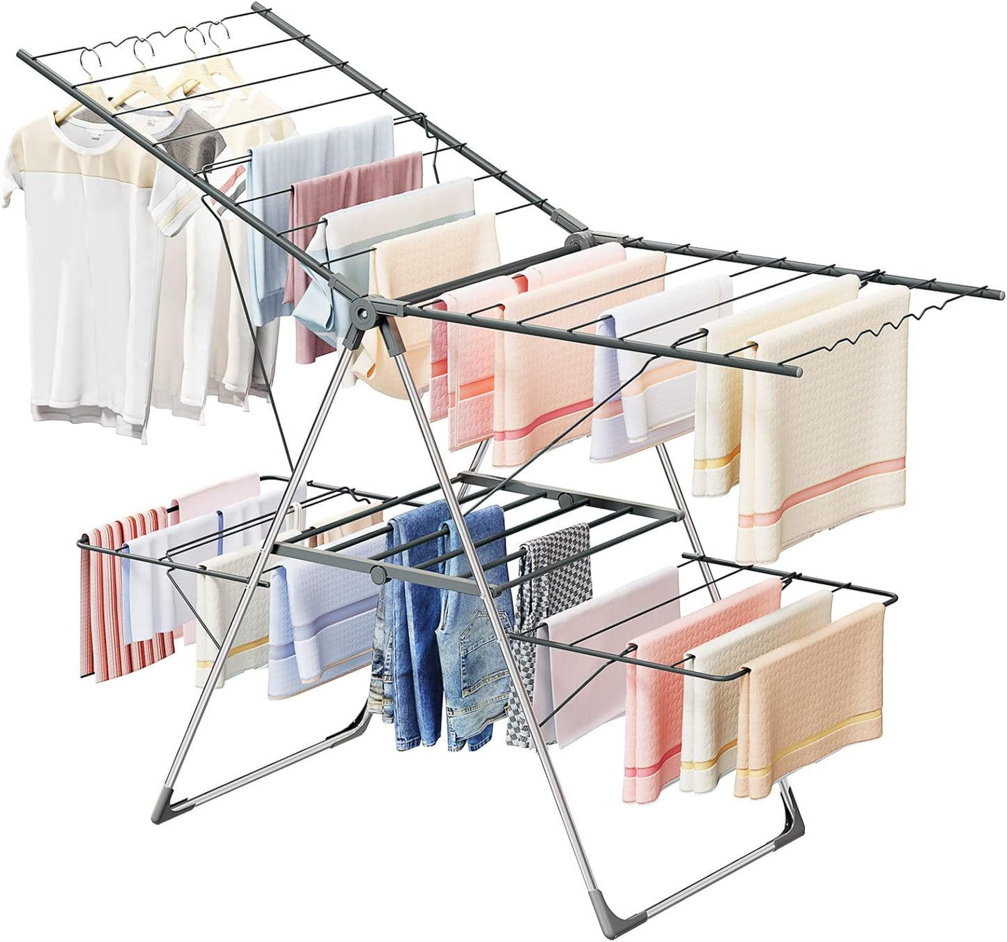 Bigzzia Clothes Drying Rack Foldable, 2-Level Large Laundry Drying Rack Collapsible, Stainless
