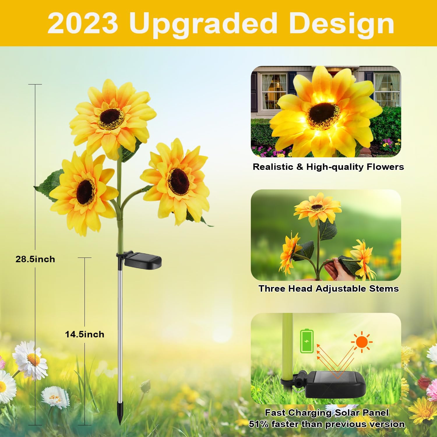 Outdoor Solar Garden Stake Lights,Upgraded LED Solar Powered Light with 3 Sunflower, Waterproof