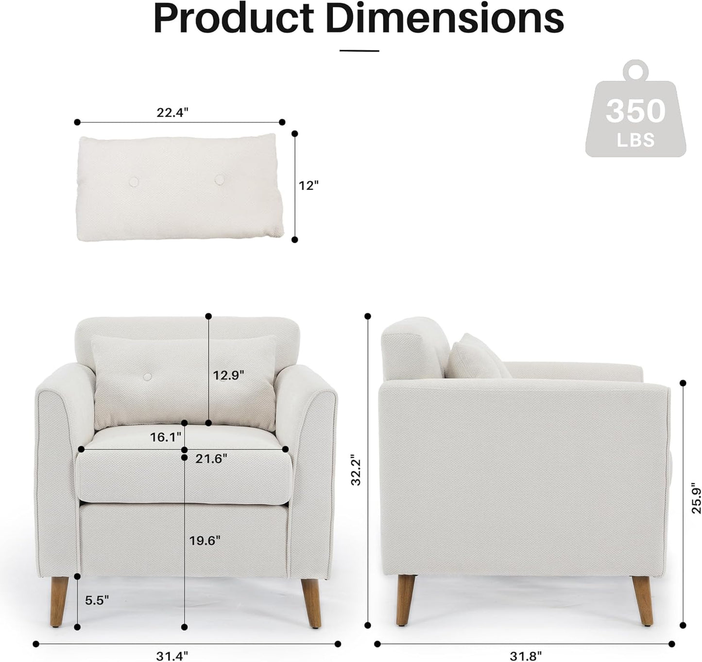 Modern Accent Chair with Wooden Legs Plush Fabric Armchair Chenille Side Single Sofa Chair for