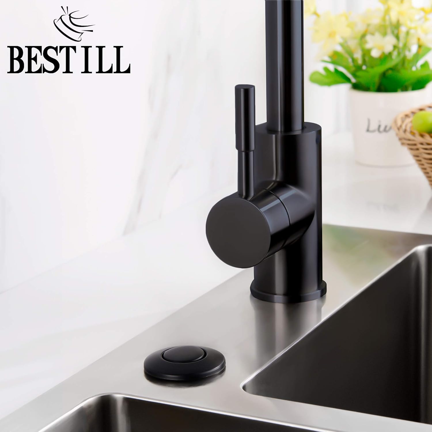 BESTILL Garbage Disposal Sink Top Air Switch Kit with Single Outlet, Matte Black 3.6" Long Push