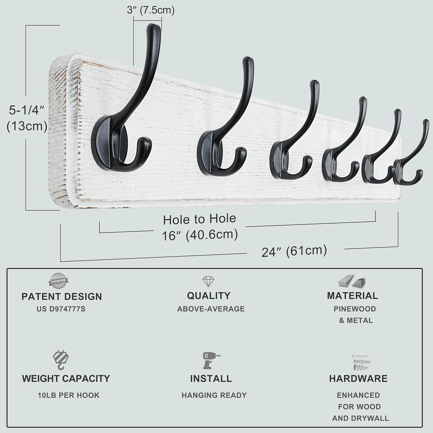 Dseap Wall Mounted Coat Rack: 24" Long, Patented, Heavy-Duty, 6-Double-Hooks Wooden Hanger Rail for