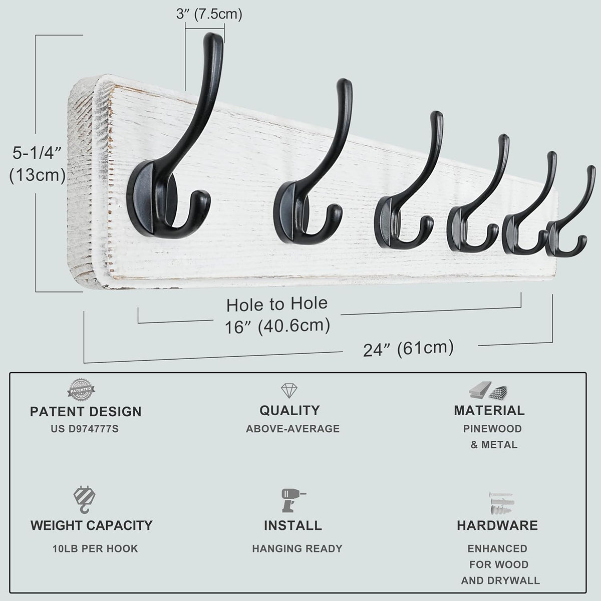 Dseap Wall Mounted Coat Rack: 24" Long, Patented, Heavy-Duty, 6-Double-Hooks Wooden Hanger Rail for