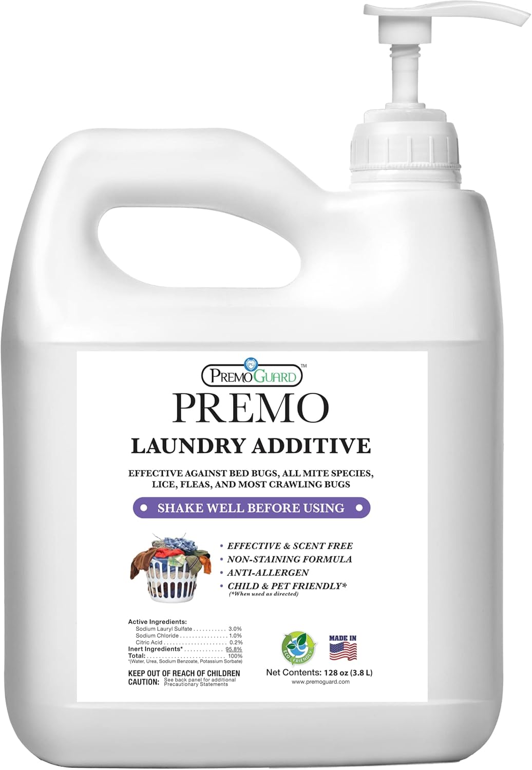 Premo Guard Bed Bug, Mite & Lice Laundry Detergent Additive 128 oz – Child & Pet Friendly – Stain &